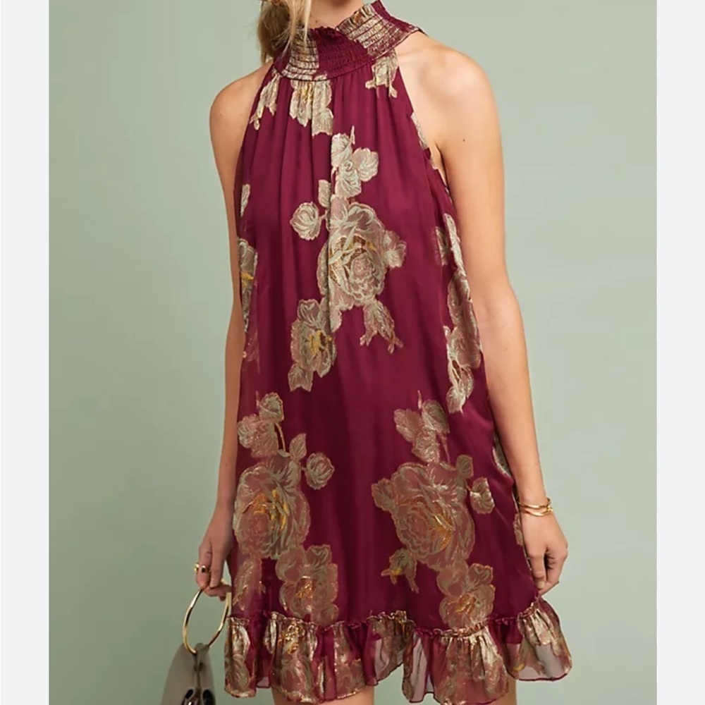 Hemant and Nandita Metallic Rose Dress Silk Halter Flounce Hem Metallic Sz 6